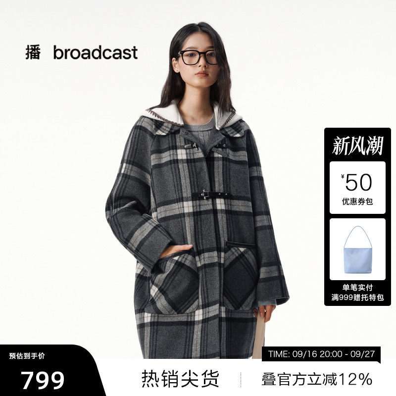 【播奥莱】复古中长款格子羊毛呢外套女冬呢大衣DDS4AD5136