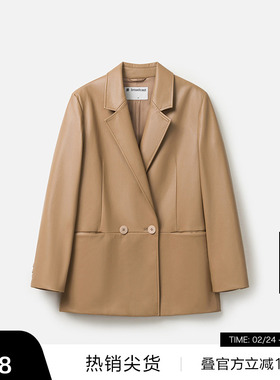 【播奥莱】播复古正肩西装外套女冬宽松机能短款皮衣DDR4XD5200