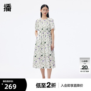 清仓 播春季 新品 印花圆领连衣裙女DDP2LD4401 新款 复古泡泡袖