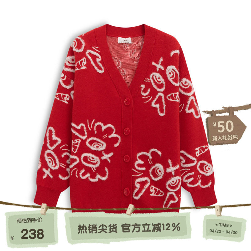 播broadcute童装羊毛针织开衫冬男女童卡通提花毛衣外套KGQ4U640