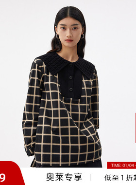 【播奥莱】播商场同款拼接衬衫女春秋休闲宽松格子衬衣BDQ3CD0704