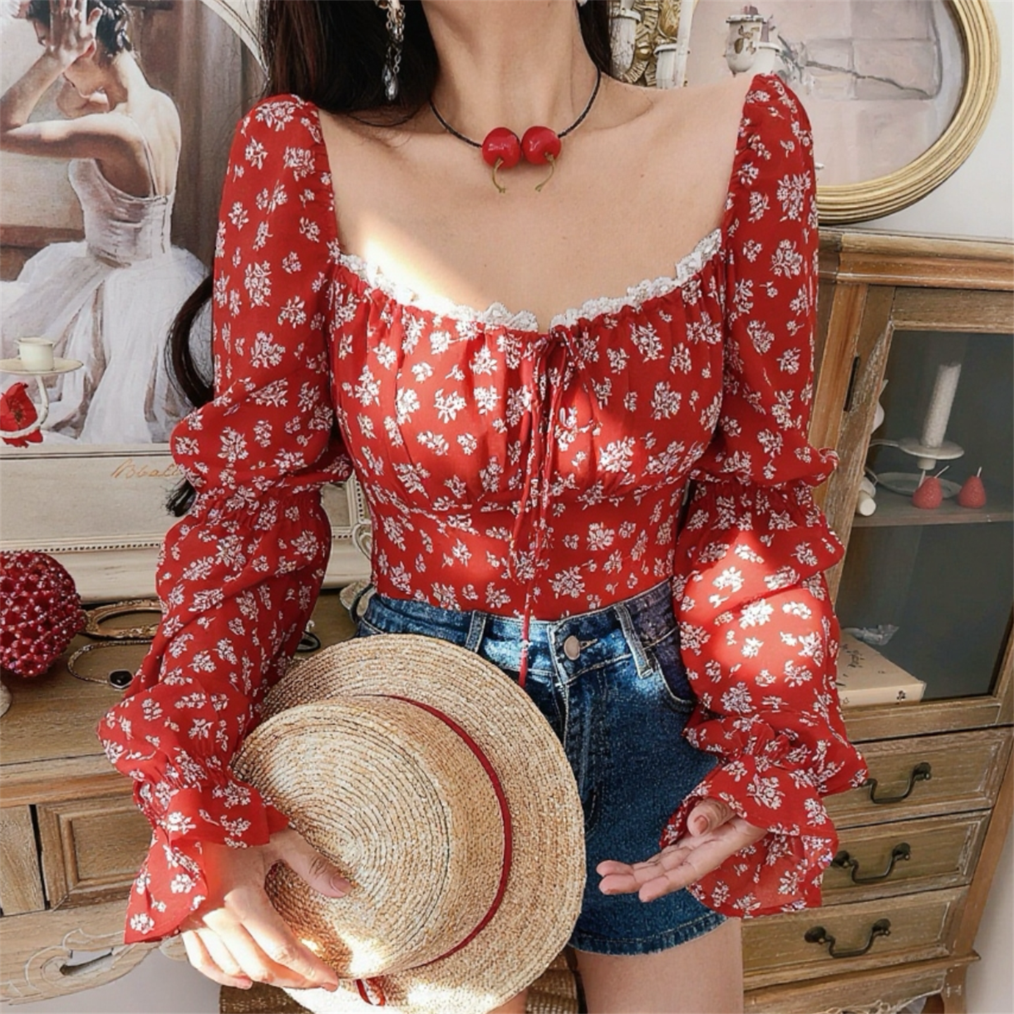 chenopod原创自制秋季法式方领蕾丝边抽绳泡泡袖露腰碎花度假小衫,女装/女士精品,衬衫,淘宝优惠券,粉丝福利购,淘宝优惠卷