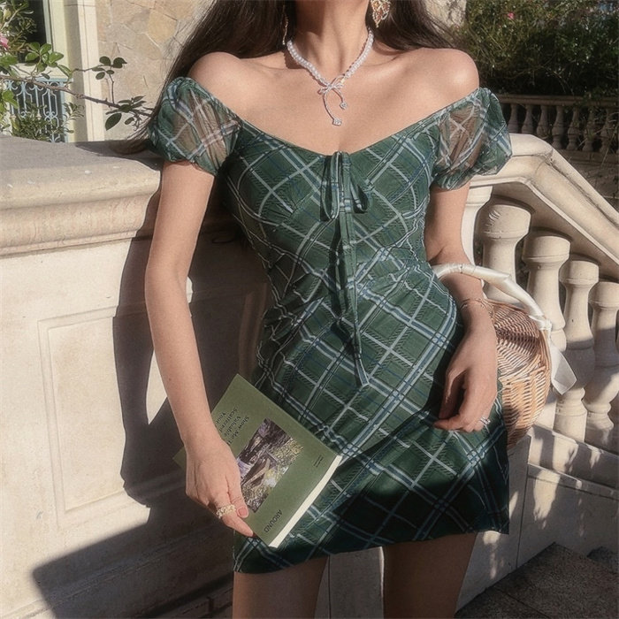 法式浪漫辣妹绿格子显瘦连衣裙图片