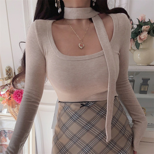 chenopod不挑人自制2025秋冬方领飘带大弹力长袖纯色T恤打底衫女