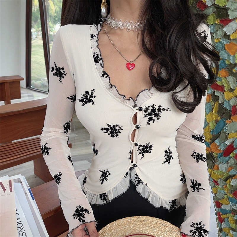 法式V领木耳边植绒网纱衬衫上衣