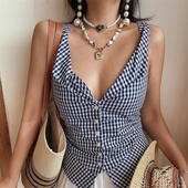 chenopod自制2026春夏澳洲小众深V格子收腰显瘦无袖 度假上衣背心