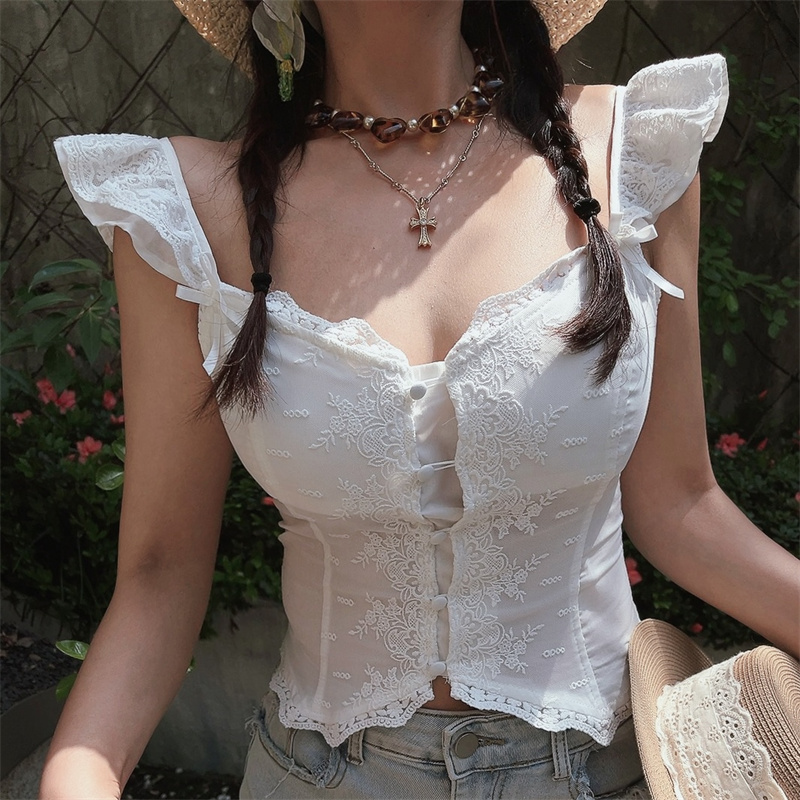 法式精致蕾丝飞飞袖小白衫衬衫