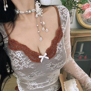 chenopod自制超仙纯欲拼色蕾丝性感V领显胸大精致打底衫 上衣内搭