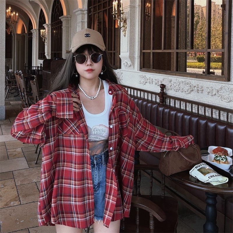 巨好穿美式复古红格纹宽松衬衫