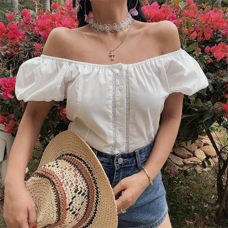 法式方领灯笼袖棉衣度假小白衫