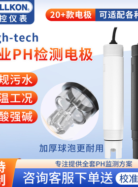 丰控在线pH计探头复合玻璃pH电极污水纯水四氟传感器酸碱度耐高温