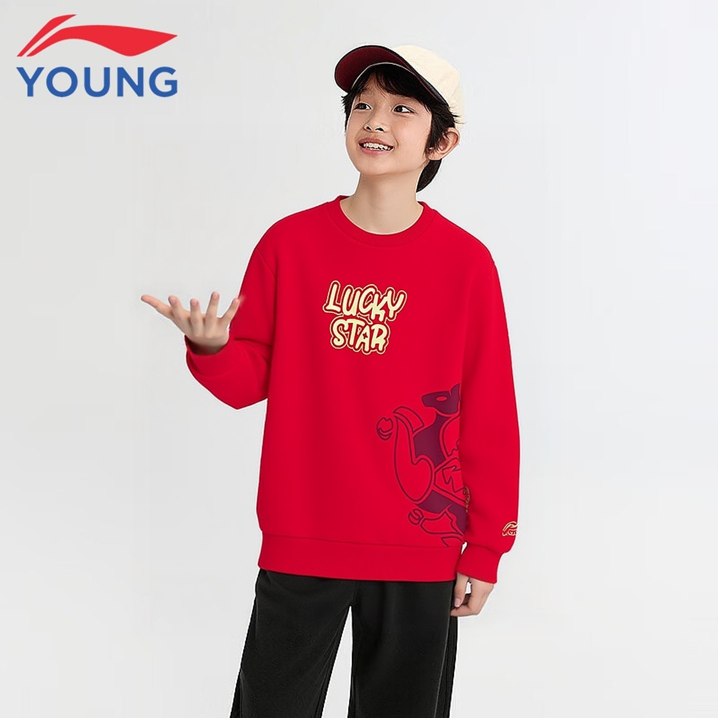 李宁儿童卫衣男童大童新年款马年加绒保暖防风休闲运动套头衫上衣