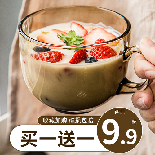 茶色玻璃杯家用燕麦杯子带把女