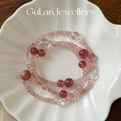 谷岚天然粉水晶草莓晶双圈手串