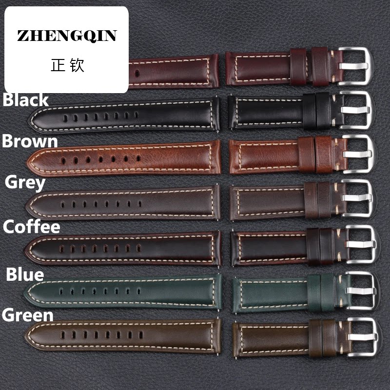 正钦纯手工油蜡皮表带20 22 24MM头层牛皮真皮适配精工胖大海表链