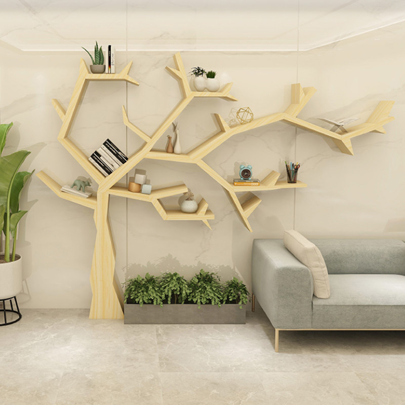 简单实木树形书架办公室客厅沙发后创意墙落地式衣箱储物架装饰架