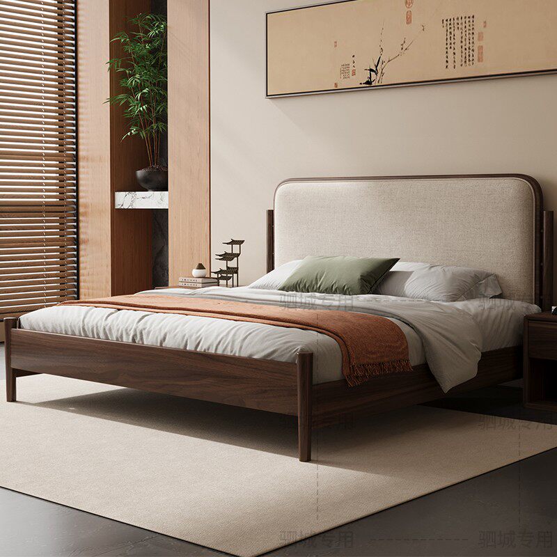 宋氏美学黑木桃米1米8实木双人床1.5新中式家用棉麻主卧2025新款