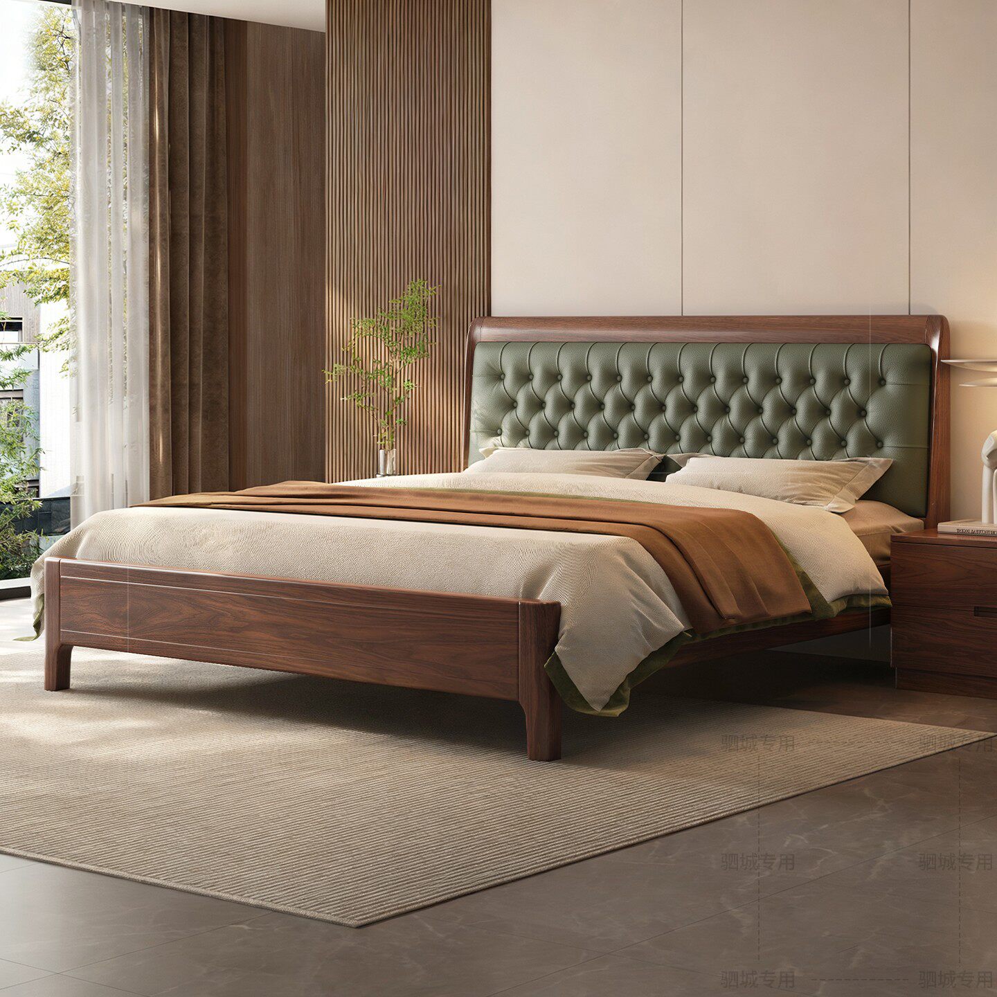 黑胡桃木真皮软包实木双人床现代简约家用主卧室全实木软包床婚床