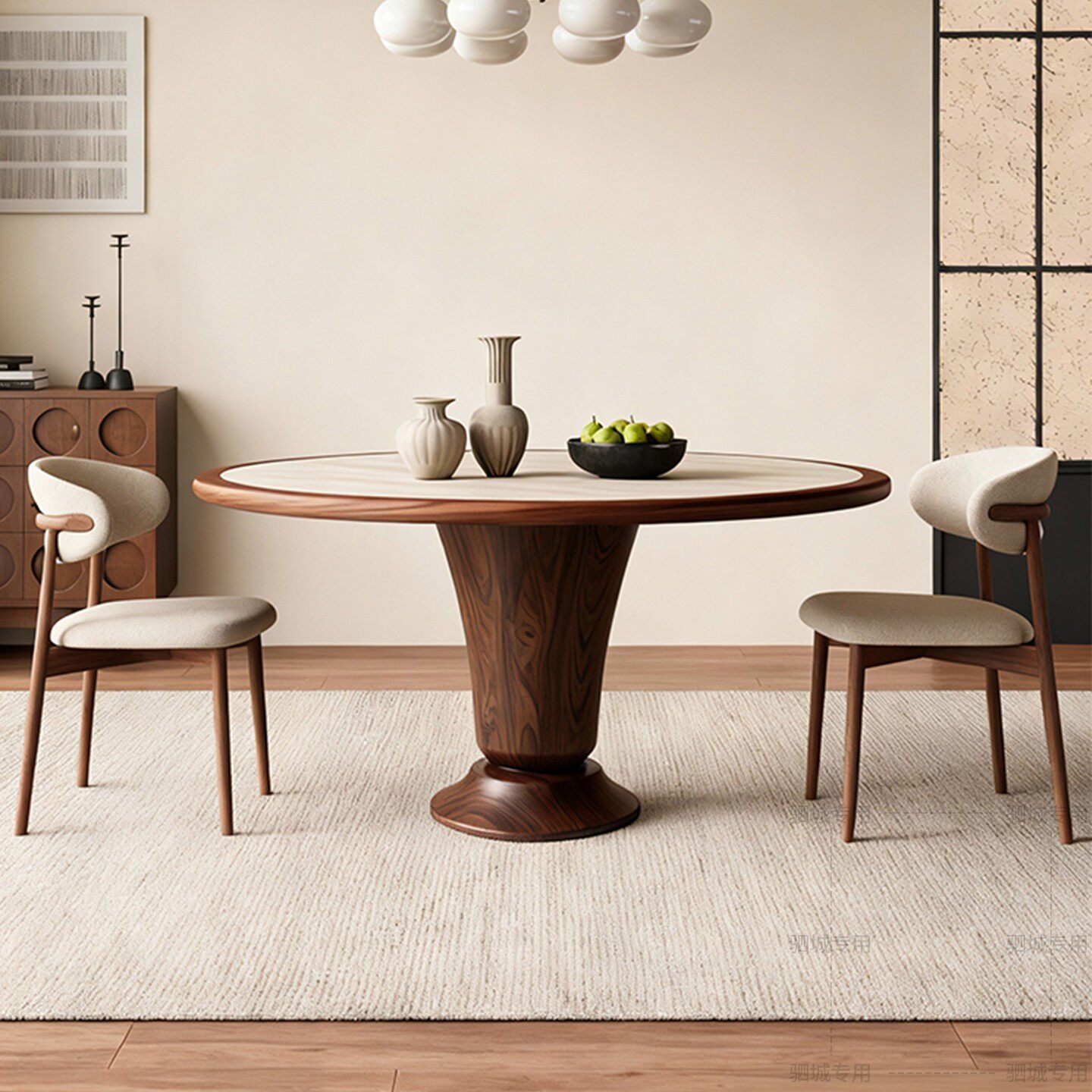 中古风黑胡桃木实木餐桌家用圆桌小户型吃饭桌子2025新款圆形饭桌