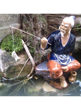 陶瓷姜太公钓鱼盆景假山人物摆件