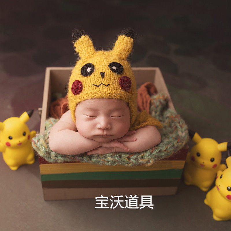宝沃道具新生儿摄影主题皮卡丘帽子玩偶成套搭配满月宝宝拍照道具