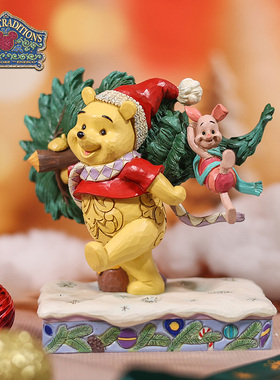 enesco迪士尼维尼熊手办维尼与皮杰圣诞树摆件小熊维尼噗噗礼物