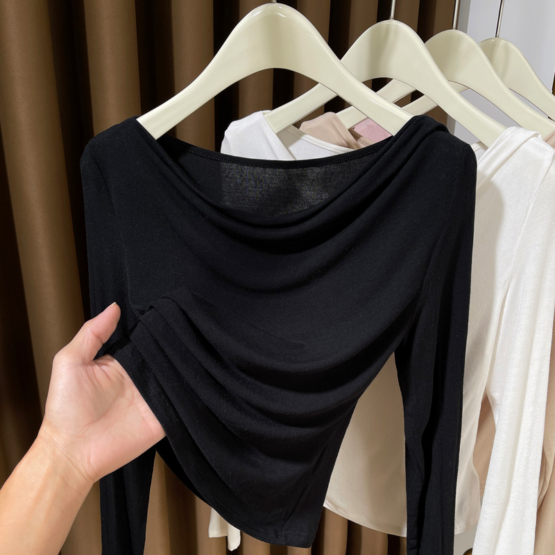 黑色荡领软糯莫代尔长袖T恤女秋季高级感一字斜肩内搭露锁骨上衣