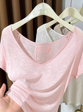 大V领露锁骨冰丝短袖女上衣夏季2026新款薄宽松棉T恤打底衫0318r