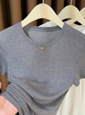 灰色薄款针织短袖女夏季2026新款软糯超弹显瘦打底衫冰丝t恤上衣