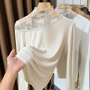 半高领磨毛拼接蕾丝打底衫女秋冬木耳边内搭薄绒高级感螺纹针织衫