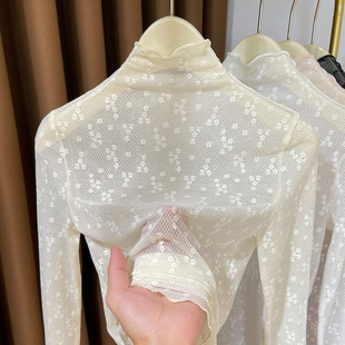 秋冬木耳边高领蕾丝打底衫女高级感网纱毛衣叠穿内搭小衫镂空薄纱