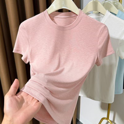 粉色小圆领薄款针织T恤女2025新款基础款冰丝竹节棉短袖正肩上衣