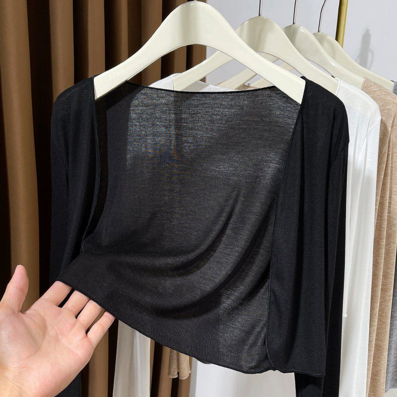 黑色超薄冰丝短款开衫配吊带裙披肩长袖小外搭针织防晒小坎肩罩衫