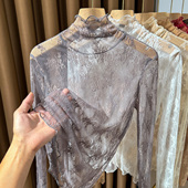 灰色高领叠穿蕾丝打底衫 女2025新款 秋冬木耳边网纱内搭纱衣高级感