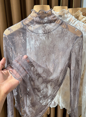 灰色高领叠穿蕾丝打底衫女2025新款秋冬木耳边网纱内搭纱衣高级感