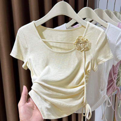 设计感立体玫瑰露锁骨t恤女短袖2025新款不规则下摆抽绳短款上衣