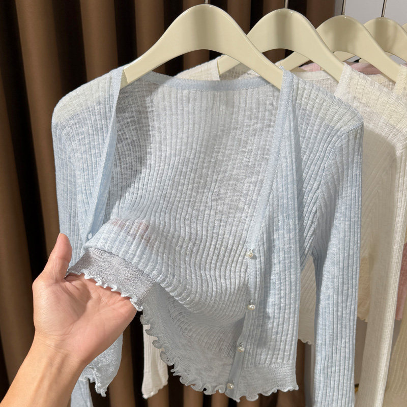 蓝色冰丝针织开衫女夏季防晒薄款罩衫吊带连衣裙披肩高级感小外搭