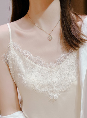 蕾丝吊带背心女夏季小西装内搭打底性感白色醋酸缎面V领宽松上衣