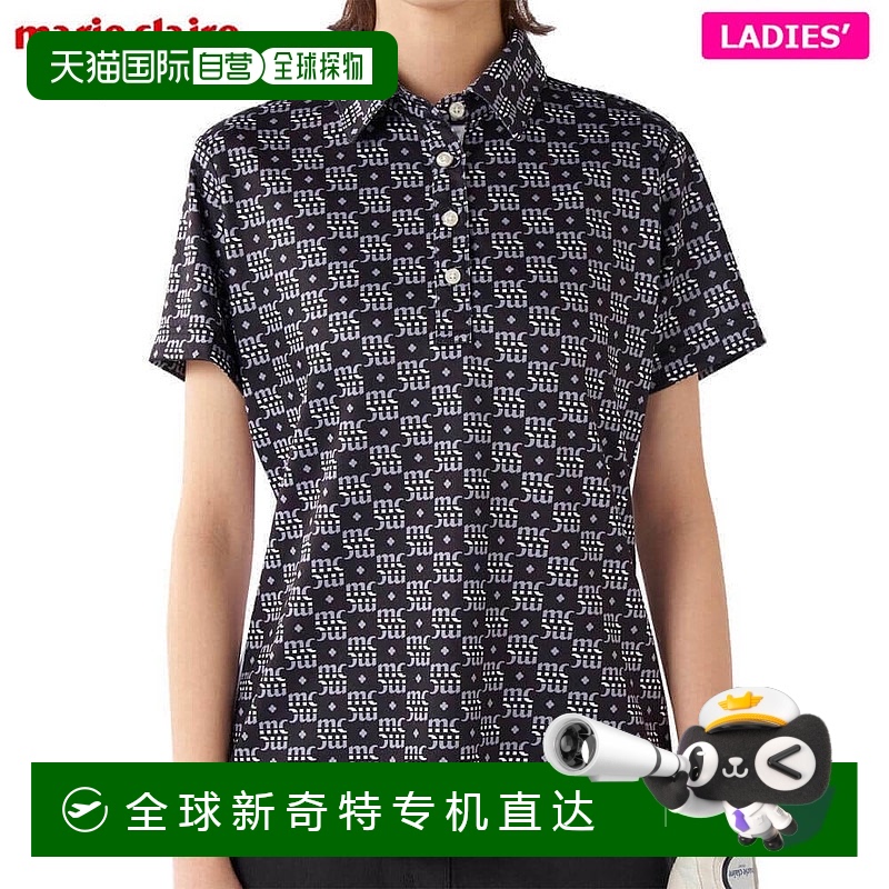 日本直邮Marie Claire 女士字母图案拼色短袖Polo衫 715-652 黑色