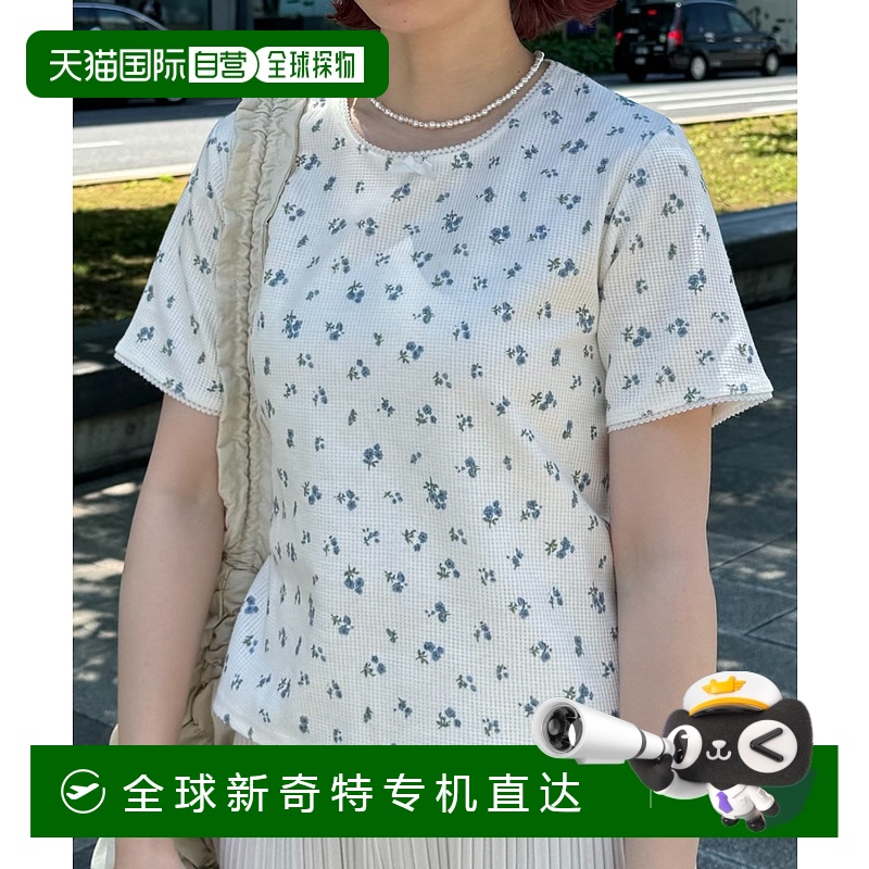 1h可退 日本直邮INTER FACTORY 女装 花纹瓦弗长袖T恤 圆领修身