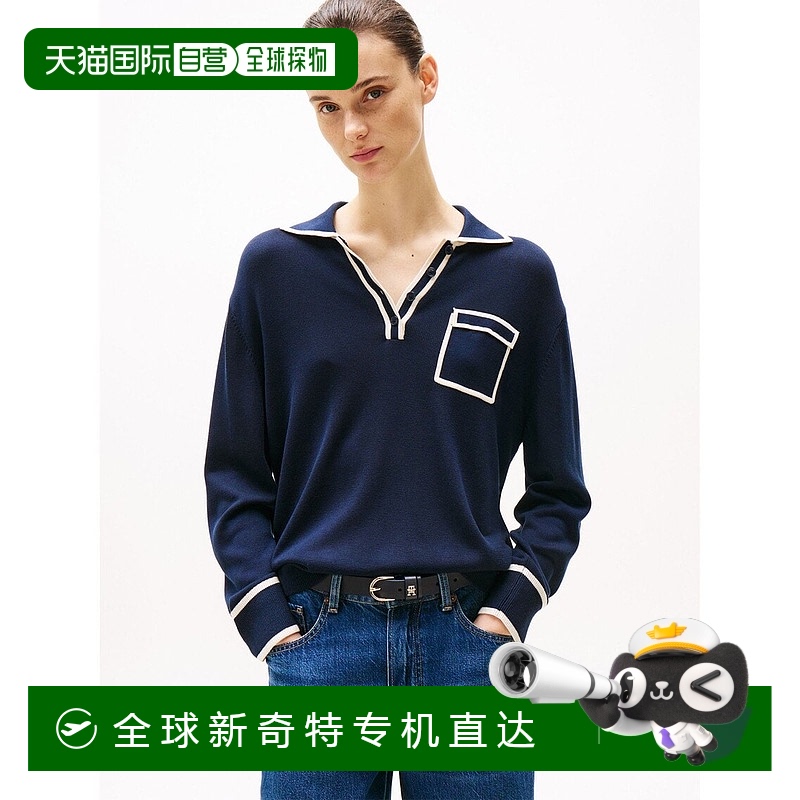 日本直邮Tommy Hilfiger 含桑蚕丝复古学院镶边宽松薄款长袖针织