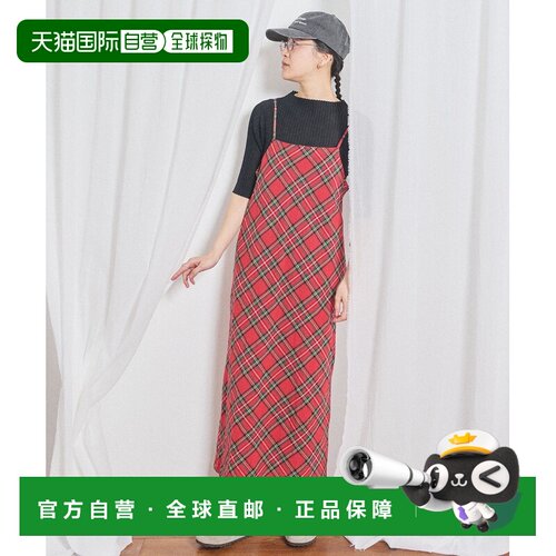 日本直邮fig London 女装 红格纹亚麻棉混纺吊带连衣裙 7001OP001