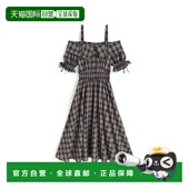 日本直邮日潮 pu62收腰吊带优雅 连衣裙 GRL 格纹露肩喇叭长款