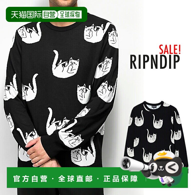 日本直邮RipN Dip Falling Nerm 针织毛衣黑色猫咪图案滑板风格街
