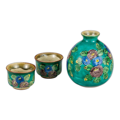 日本直邮九谷烧晚间饮料套装绿色山茶花日式餐具清酒杯清酒瓶清酒