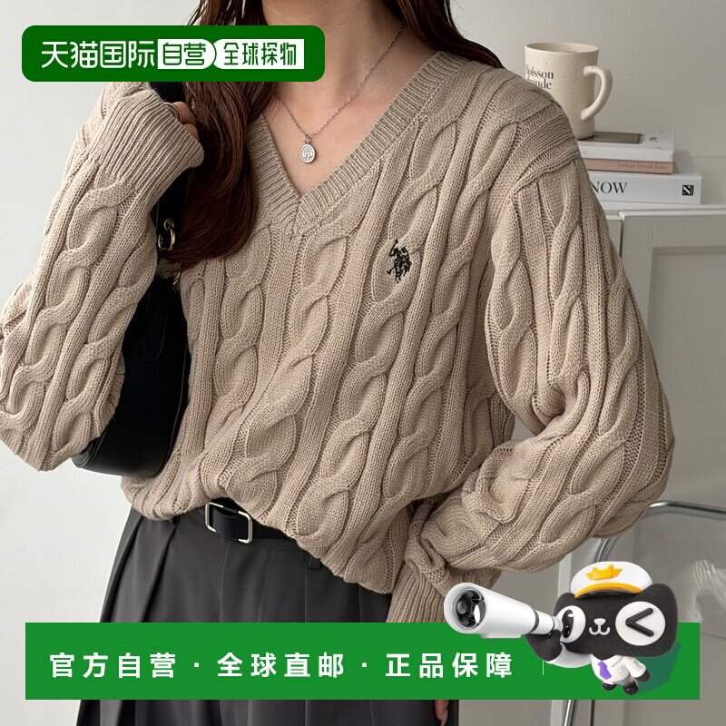 日本直邮U.S. POLO ASSN. GeeRA 209146 V领绞花针织衫 米色