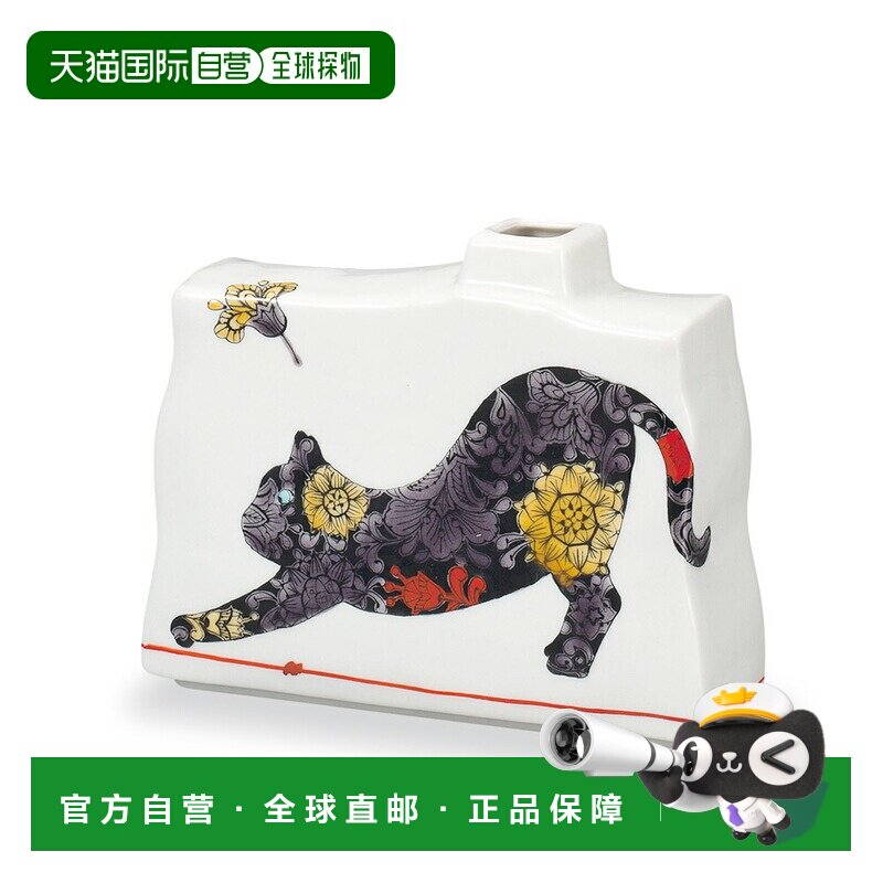 日本直邮九谷烧礼品包装单支花瓶5号植物蓝手纹猫咪图案太石窑附