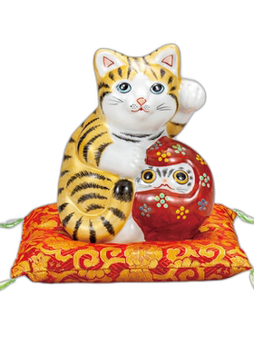 日本直邮九谷烧No.5达摩招财猫金釉（附蒲团）装饰品护身符招财猫