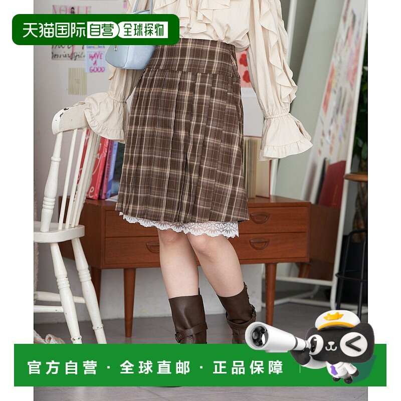 1h可退 日本直邮CIAOPANIC 女装 蕾丝拼接中长裙 格纹褶皱半身裙