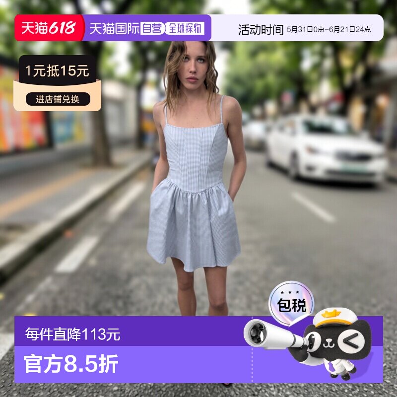 日本直邮Zara格纹图案比切风格蓬松连衣裙吊带